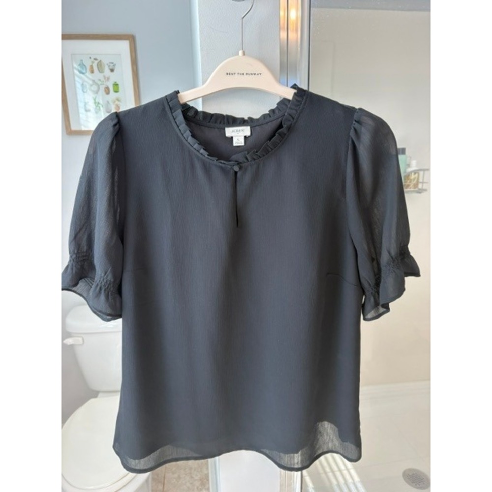 J.Crew Black Ruffle Neck Blouse Size L Sheer Flutter Sleeve Dressy Work Top